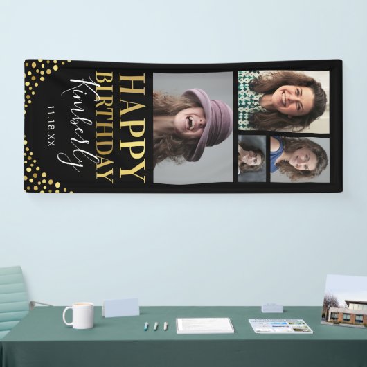 ブラック金ゴールド4フォト誕生日ドア 横断幕 (トレードショー)