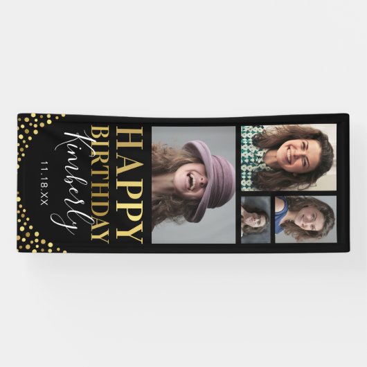 ブラック金ゴールド4フォト誕生日ドア 横断幕 (横)