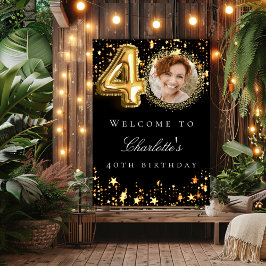 ブラック金ゴールド40th photo birthday party welcome ポスター
