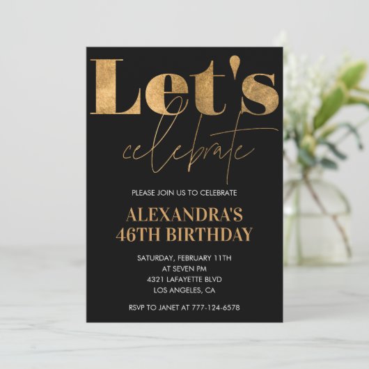 ブラック金ゴールド46歳の誕生日招待状 エレガント 招待状 (スタンド正面)