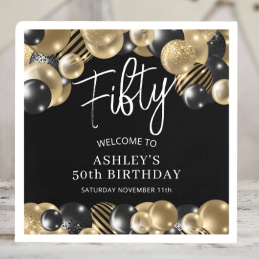 ブラック金ゴールド50誕生日 スタンダードカクテルナプキン