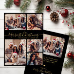 ブラック金ゴールド5 Photo Collage メリー Christmas シーズンカード<br><div class="desc">書道モダンエレガントブラックと金ゴールド5メリー写真コラージュChristmas Script Holiday Card.***ご注意：これらの6.5インチX 8.75インチカードは平均より大きく、送料が高くなることは確かである。5もしX7の標準サイズを選択し、カードサイズボタンを使用してスイッチ。画面に表示されている内容は自動的に印刷される。デザインもしが正しく表示されない（カードが狭いか広いために）助け連絡のため、作成者。***このフェスティバルお洒落、ミニマル、5枚のフォトホリデーのグリーティングカードテンプレートは、グリッド写真コラージュとメリーかわいらし書「クリスマス」グリーティング文字を備え、ブラックカラーの背景に金ゴールドの美しい手文字のスワッシュテールフォントスクリプトに含まれています。あなたの挨拶メッセージテンプレートと反対側に小さなハートドードルと1つの水平写真テンプレート。クリスマスかわいらしの休暇シーズンに家族や友人のためのグリーティングカード。</div>