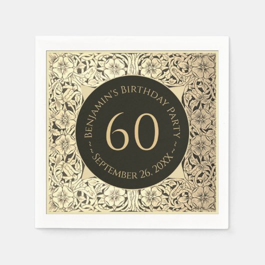ブラック金ゴールド60番目の誕生日エレガントヴィンテージフローラ スタンダードカクテルナプキン (正面)
