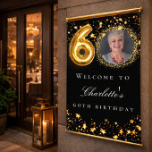 ブラック金ゴールド60th photo birthday party welcome ポスター