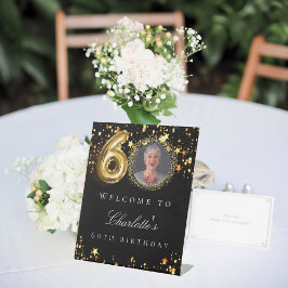 ブラック金ゴールド60th photo birthday party welcome 台座サイン