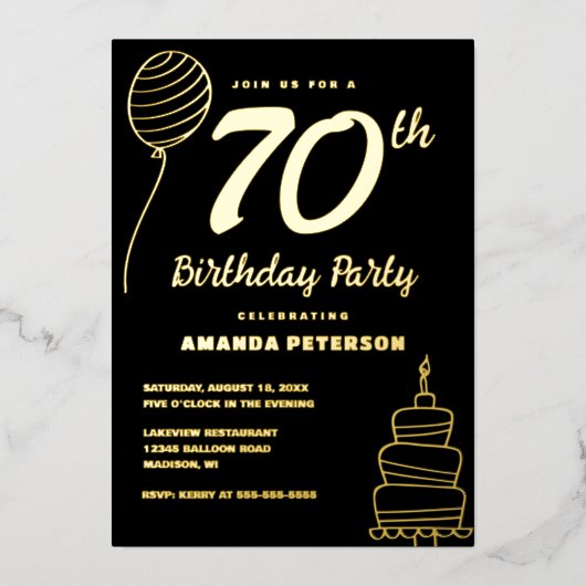 ブラック金ゴールド70thバースデーパーティ実在金ゴールド 箔招待状 (正面)