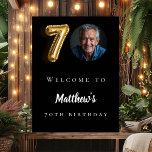 ブラック金ゴールド70th photo birthday party welcome ポスター<br><div class="desc">70歳の誕生日パーティーのウェルカムポスター。黒の背景。名前と写真をカスタマイズして追加する。</div>