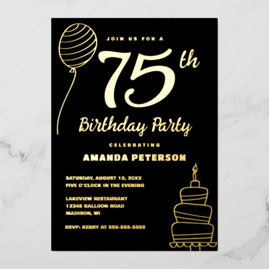 ブラック金ゴールド75th Birthday Party 実在金ゴールド 箔招待状 (正面)