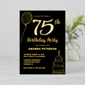 ブラック金ゴールド75th Birthday Party 実在金ゴールド 箔招待状 (立ち正面)