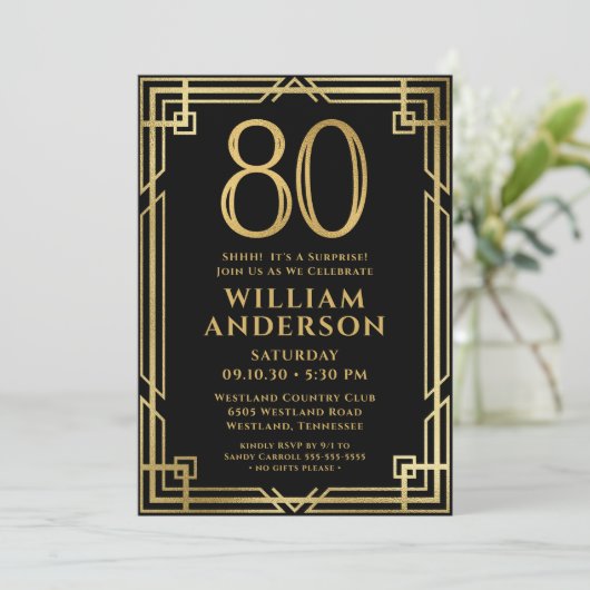 ブラック金ゴールド80誕生日フォトサプライズパーティー 招待状 (スタンド正面)