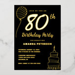 ブラック金ゴールド80th Birthday Party 実在金ゴールド 箔招待状<br><div class="desc">ラグジュアリーブラック金ゴールド80thバースデーパーティー実在ンディゴールドフォイル招待状とバルーンとお誕生日ケーキ。</div>