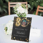 ブラック金ゴールド80th photo birthday party welcome 台座サイン<br><div class="desc">80歳の誕生日パーティーのウェルカムサイン。黒い背景とフェイク金ゴールド色の星。名前と写真をカスタマイズして追加する。</div>