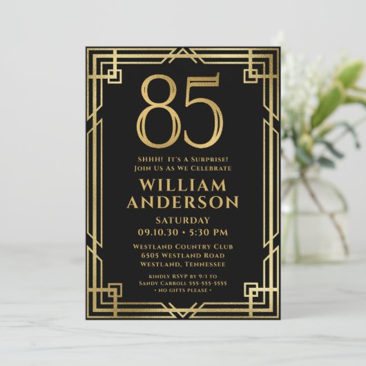 ブラック金ゴールド85誕生日フォトサプライズパーティー 招待状 (スタンド正面)