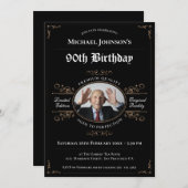 ブラック金ゴールド90誕生日ヴィンテージウイスキーエレガント 招待状 (正面/裏面)