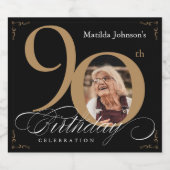 ブラック金ゴールド90誕生日書道エレガント写真 スパークリングワインラベル (シングルラベル)