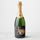 ブラック金ゴールド90誕生日書道エレガント写真 スパークリングワインラベル (正面)