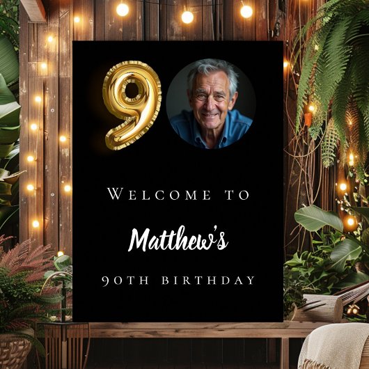 ブラック金ゴールド90th photo birthday party welcome ポスター