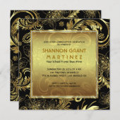 ブラック金ゴールド&ダマスパターンエレガントグラッド招待状 招待状 (正面/裏面)