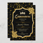 ブラック金ゴールド&ホワイトキンセニェラ誕生日招待状 (正面/裏面)