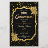ブラック金ゴールド&ホワイトキンセニェラ誕生日招待状 便箋 (正面)