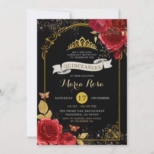 ブラック金ゴールド&レッドローゼクラウンキ王室のンセアニラ 招待状 (正面)
