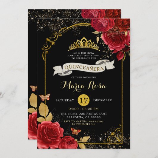 ブラック金ゴールド&レッドローゼクラウンキ王室のンセアニラ 招待状 (正面/裏面)