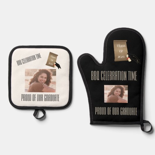 ブラック金ゴールドBBQお祝い卒業発表 鍋つかみ&鍋敷きセット (正面)