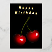 ブラック金箔誕生日カード付きレッドさくらんぼ 箔シーズンカード (正面)