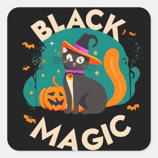 ブラック魔法かわいい魔女猫ハロウィーンテーマデザイン スクエアシール (正面)