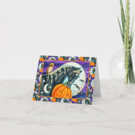 ブラック魔法ウマ、フクロウ、ハロウィーンのカボチャのちょうちん&スカル シーズンカード (正面)