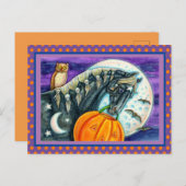 ブラック魔法ウマ、フクロウ、ハロウィーンのカボチャのちょうちん&スカル シーズンポストカード (正面/裏面)