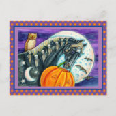 ブラック魔法ウマ、フクロウ、ハロウィーンのカボチャのちょうちん&スカル シーズンポストカード (正面)