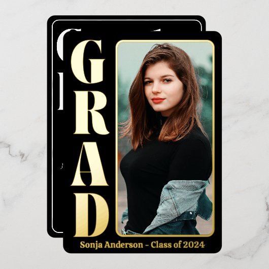  ブラック1枚写真モダン卒業パーティー  箔招待状 (正面/裏面)