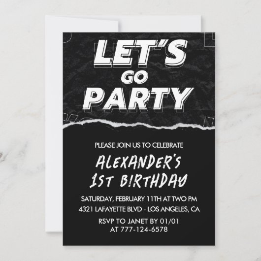 ブラック1歳の誕生日招待状ボーイホワイト 招待状 (正面)