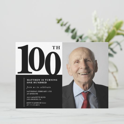 ブラック100歳の誕生日招待状 - エレガント シック 招待状 (スタンド正面)