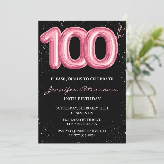 ブラック100歳の誕生日招待状 バルーン グラム ピンク 招待状 (スタンド正面)