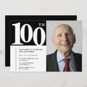ブラック100歳の誕生日招待状 モダン シック フォト 招待状 (正面/裏面)