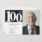 ブラック100歳の誕生日招待状 モダン シック 写真 招待状 (正面)