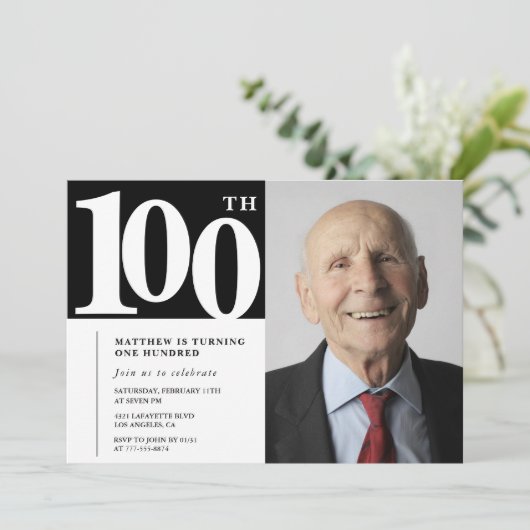 ブラック100歳の誕生日招待状 モダン シック 写真 招待状 (スタンド正面)