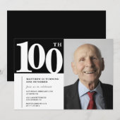ブラック100歳の誕生日招待状 モダン シック 写真 招待状 (正面/裏面)