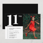 ブラック11歳の誕生日招待状 おしゃれ女子フォト 招待状 (正面/裏面)