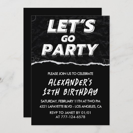 ブラック12th誕生日招待状ボーイホワイト 招待状 (正面/裏面)