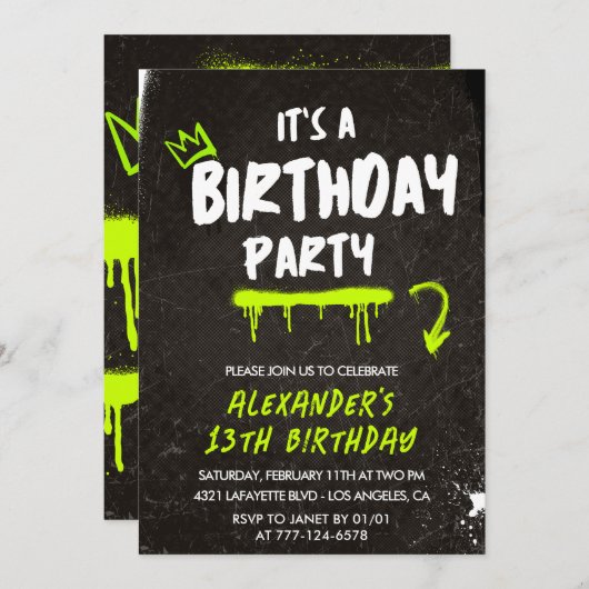 ブラック13歳の誕生日招待状少年グラフィ絵を描ティ 招待状 (正面/裏面)