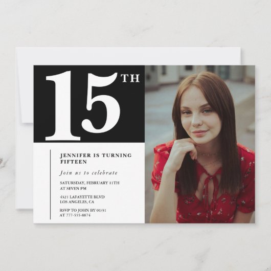 ブラック15th誕生日招待状モダンシック写真 招待状 (正面)
