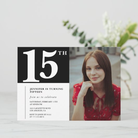 ブラック15th誕生日招待状モダンシック写真 招待状 (スタンド正面)