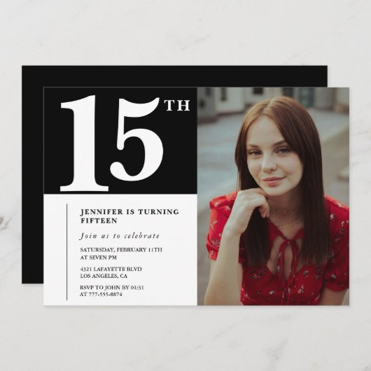 ブラック15th誕生日招待状モダンシック写真 招待状 (正面/裏面)