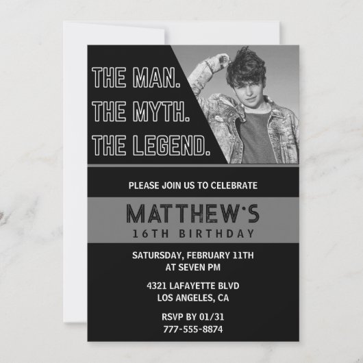 ブラック16歳の誕生日招待状ザマンザレジェンド 招待状 (正面)