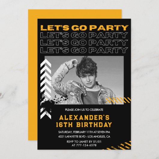 ブラック16歳の誕生日招待状メンズフォトスプレー 招待状 (正面/裏面)