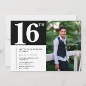 ブラック16歳の誕生日招待状 モダン シック フォト 招待状 (正面)