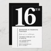 ブラック16th誕生日の招待シエレガントックシンプル 招待状 (正面/裏面)